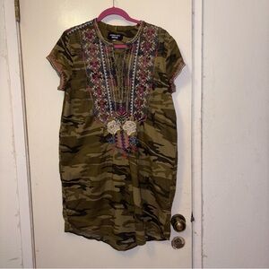 Johnny Was Camouflage Embroidered Dress